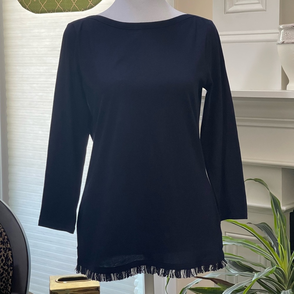 Talbots Pima Cotton Top Sz XS Navy White Fringe Hem 3/4 Sleeves Boat Neck NWT